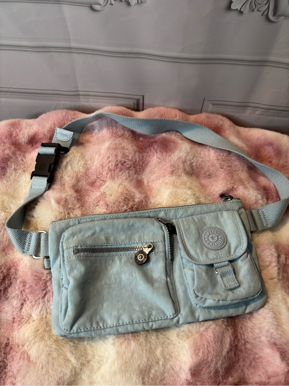 Kipling light blue nylon waist bag fanny pack crossbody